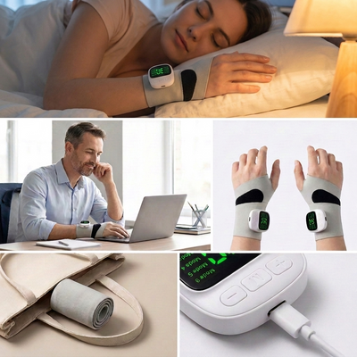 Reliovana grey wrist massager wrap with white control unit and green LED display