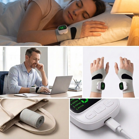 Reliovana grey wrist massager wrap with white control unit and green LED display
