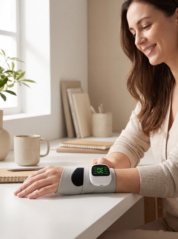Woman using the Reliovana hand massager at home